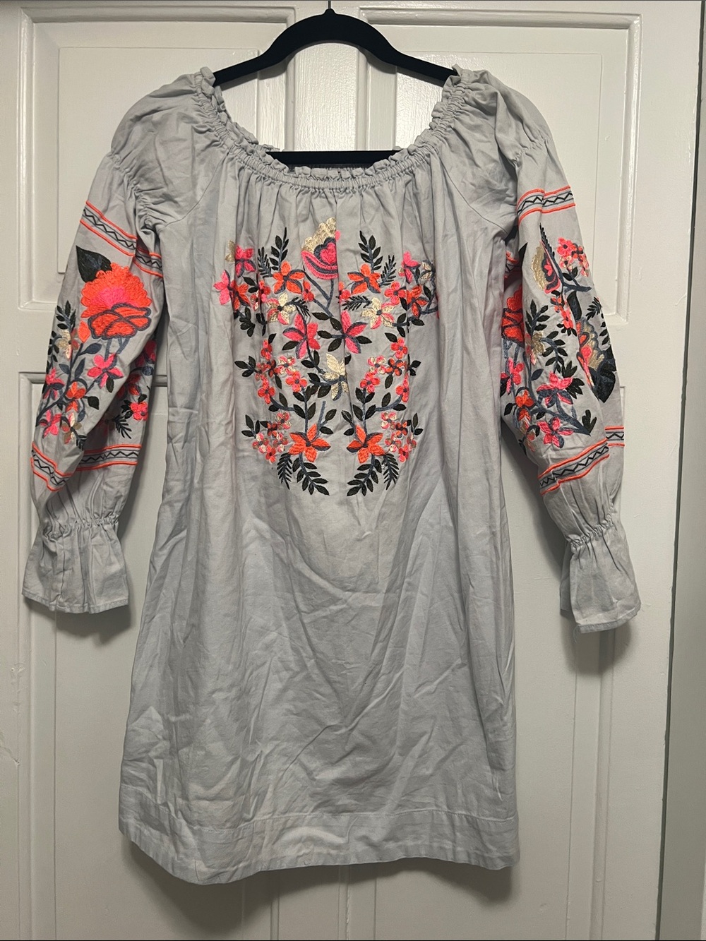 Free People Blue / Gray Embroidered Peasant Dress with Neon Floral